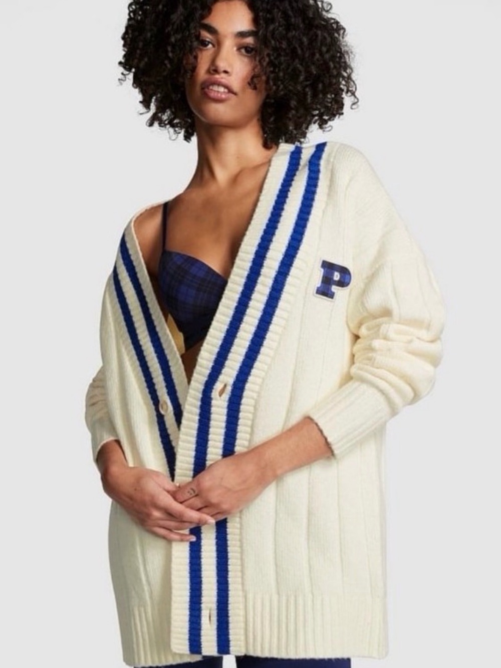 VS PINK Creamer Knit Varsity Cardigan Letterman Academia Cardigan Medium